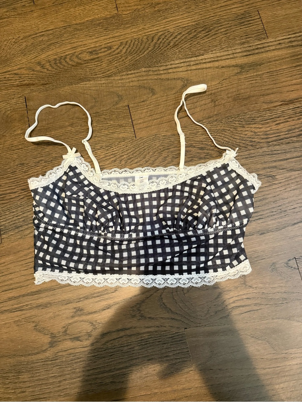 Navy Gingham Lace Trim Cami Top